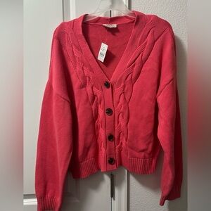 LOFT cotton Vibrant Pink Cable Knit Cardigan